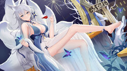  absurdres alcohol animal_ear_fluff animal_ears arino_ayarei ass azur_lane barefoot blue_butterfly blue_collar breasts bug butterfly butterfly_on_hand cleavage collar dress feet_out_of_frame female fireworks floating grey_hair hair_between_eyes halter_dress halterneck highres kitsune kyuubi large_tail long_hair looking_at_viewer md5_mismatch multiple_tails official_alternate_costume shinano_(azur_lane) shinano_(dreams_of_the_hazy_moon)_(azur_lane) shoes single_shoe solo tail very_long_hair white_tail wine 