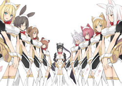  6+girls absurdres animal_ears black_hair blonde_hair blue_eyes blush bow breasts brown_eyes brown_hair cat_ears cleavage cleavage_cutout closed_mouth clothing_cutout commentary_request cutout_above_navel dog_ears fox_ears glasses guilty_princess hair_over_one_eye highres large_breasts leotard long_hair long_sleeves looking_at_viewer maid maid_headdress maidroid_chloe maidroid_kuon medium_breasts multiple_girls open_mouth own_hands_together pink_hair ponytail puffy_short_sleeves puffy_sleeves purple_hair rabbit_ears red_bow red_eyes red_hair shiny_clothes shiny_skin short_hair short_sleeves showgirl_skirt simple_background smile thighhighs tied_hair tony_taka white_background white_thighhighs wrist_cuffs 