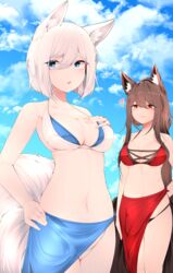  2girls absurdres akagi_(azur_lane) akagi_(paradise_amaryllis)_(azur_lane) animal_ear_fluff animal_ears azur_lane bikini blue_bikini blue_eyes blue_sarong blue_sky breasts brown_hair brown_tail cleavage day eyeliner fox_ears fox_tail hand_on_own_chest heart highres kaga_(azur_lane) kaga_(everlasting_killing_stone)_(azur_lane) kitsune kyuubi large_breasts long_hair makeup medium_breasts multiple_girls multiple_tails official_alternate_costume outdoors red_bikini red_eyes red_sarong samip sarong short_hair sky swimsuit tail two-tone_bikini white_bikini white_hair white_tail 