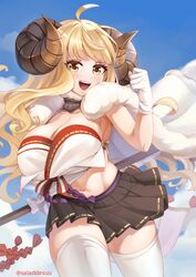  :d absurdres ahoge anila_(granblue_fantasy) blonde_hair blue_sky breasts caesar_salad cape cleavage crop_top curled_horns draph female fur_cape fur_collar gloves granblue_fantasy highres hikimayu holding holding_weapon horns large_breasts midriff miniskirt navel open_mouth pleated_skirt skirt sky smile solo thighhighs twitter_username weapon white_gloves white_thighhighs yellow_eyes zettai_ryouiki 