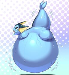  2022 ambiguous_gender belly big_belly black_sclera blue_background bodily_fluids ear_fins eeveelution feral fin fin_frill frill_(anatomy) generation_1_pokemon hanging_belly hanging_by_tail head_fin hi_res huge_belly hyper hyper_belly looking_back motion_lines nintendo open_mouth pattern_background pokemon pokemon_(species) pupils ravinosuke1 simple_background solo sweat sweatdrop tail vaporeon white_background white_pupils 