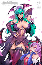  2girls arm_behind_head arm_up bangs banned_artist blue_gloves blunt_bangs breasts cleavage demon_girl demon_wings dress elbow_gloves eyeshadow fingerless_gloves gloves green_eyes green_hair head_wings heart highres large_breasts latex latex_gloves lilith_aensland long_hair looking_at_another looking_at_viewer makeup morrigan_aensland multiple_girls open_mouth parted_lips pink_hair purple_dress purple_eyeshadow purple_lips purple_nails red_eyes reiq second-party_source short_hair small_breasts vampire_(game) wings 