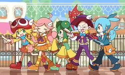  2boys 3girls ahoge amitie_(puyopuyo) bag blue_eyes blush_stickers book bug butterfly closed_eyes commentary_request dadadanoda earrings glasses green_eyes hair_ornament hat horns jewelry klug_(puyopuyo) ladybug lidelle_(puyopuyo) long_hair long_sleeves mortarboard multiple_boys multiple_girls official_style pointing pointing_to_the_side puyopuyo puyopuyo_fever raffina_(puyopuyo) red_eyes short_hair shorts sig_(puyopuyo) skirt smile 