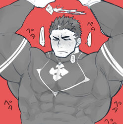  1boy arms_up bad_id bad_pixiv_id bara blush bodysuit covered_abs facial_hair fire flaming_halo halo large_pectorals male_focus mature_male muscular muscular_male nose_blush pectorals po_fu red_background red_theme short_hair sideburns skin_tight solo stubble sweatdrop tokyo_afterschool_summoners translated zabaniyya_(housamo) 