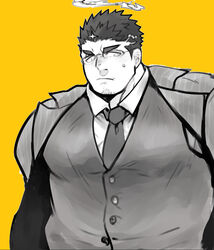  1boy bad_id bad_pixiv_id bara bespectacled blush facial_hair fire flaming_halo formal glasses halo jacket large_pectorals male_focus mature_male monochrome muscular muscular_male necktie official_alternate_costume pectorals po_fu short_hair sideburns solo striped_clothes striped_jacket stubble suit sweatdrop tokyo_afterschool_summoners upper_body vest yellow_background yellow_theme zabaniyya_(fashionista_suit)_(housamo) zabaniyya_(housamo) 