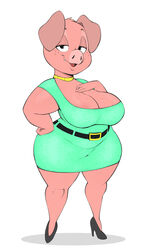  2023 anthro big_breasts breasts cleavage clothed clothing curvy_figure domestic_pig female footwear hi_res high_heels looking_at_viewer mammal open_mouth open_smile pink_body simple_background smile smiling_at_viewer solo standing suid suina sus_(pig) thick_thighs usnarbit voluptuous wide_hips 