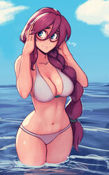  absurdres adjusting_eyewear bikini blue_eyes blue_sky blush braid braided_ponytail breasts cleavage closed_mouth cloud cloudy_sky collarbone commentary cowboy_shot day eiyuu_densetsu emma_millstein english_commentary female glasses grey_bikini hair_between_eyes highres large_breasts lips long_hair looking_to_the_side navel ocean outdoors purple-framed_eyewear purple_hair raichiyo33 sen_no_kiseki signature sky smile solo stomach swimsuit thighs wading water 