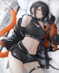  bare_shoulders black_hair breasts cable cable_tail cleavage_cutout clothing_cutout commentary_request crop_top cyberpunk cyborg earrings eyepatch female halterneck highres jacket jewelry looking_at_viewer lying mechanical_arms mechanical_tail medium_breasts midriff mihato_senba navel on_side open_clothes open_jacket orange_eyes original partial_commentary revision short_hair shorts slit_pupils solo sumi_elias swept_bangs tail 