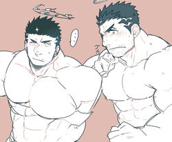  ... 1boy abs bad_id bad_pixiv_id bara blush ear_blush facial_hair fire flaming_halo halo large_pectorals looking_at_viewer male_focus mature_male monochrome multiple_views muscular muscular_male nipples nude pectorals pink_background pink_theme po_fu short_hair sideburns stomach stubble tokyo_afterschool_summoners translated upper_body zabaniyya_(housamo) 