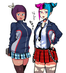  2girls :p alternate_hair_color arms_behind_back banchou black_choker blue_hair blue_skirt blunt_bangs breasts choker commentary_request dark-skinned_female dark_skin delinquent eye_(mememem) hairband jacket juri_han looking_at_viewer loose_necktie medium_breasts menat multicolored_hair multiple_girls necktie official_alternate_costume open_clothes open_jacket piercing pink_eyes pink_hair plaid plaid_skirt pleated_skirt punk purple_hair red_skirt skirt street_fighter street_fighter_v suspenders_hanging thighhighs tongue tongue_out torn_clothes torn_legwear track_jacket 