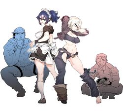  2boys 2girls alternate_costume angel_(kof) arms_behind_head barefoot belt blonde_hair blue_eyes blue_hair blush bra breasts brown_jacket cleavage closed_mouth contrapposto crop_top cropped_jacket detached_pants dress frilled_dress frills grey_bra grey_eyes grey_panties hands_up highres jacket kneehighs korean_commentary large_breasts leather leather_jacket leona_heidern looking_at_viewer maid midriff multiple_boys multiple_girls navel open_clothes open_jacket panties parted_lips ponytail pose ralf_jones ramon_(kof) shoes short_hair simple_background single_shoe smile snk_heroines:_tag_team_frenzy socks soldier squatting ssambatea sweatdrop the_king_of_fighters toenails underwear white_background white_legwear 