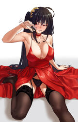  ahoge arm_up armpits azur_lane bare_shoulders black_hair black_panties black_thighhighs blush breasts champagne_flute chela77 choker cleavage clothing_aside cocktail_dress collarbone crossed_bangs cup dress dress_aside drinking_glass female foot_out_of_frame garter_belt hair_between_eyes hair_ornament halterneck high_heels highres lace-trimmed_legwear lace_trim large_breasts long_hair looking_at_viewer official_alternate_costume one_side_up panties pantyshot parted_lips pouring pouring_onto_self red_choker red_dress red_eyes red_footwear simple_background sitting smile solo taihou_(azur_lane) taihou_(forbidden_feast)_(azur_lane) thighhighs underwear very_long_hair 