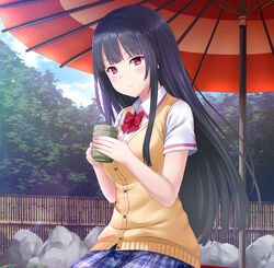  black_hair blue_skirt blunt_bangs blush bow bowtie breasts closed_mouth collared_shirt day dress_shirt female highres holding long_hair medium_breasts nekonyan outdoors parasol plaid plaid_skirt prekano red_bow red_bowtie red_eyes school_uniform shirt short_sleeves sitting skirt smile solo straight_hair sweater sweater_vest umbrella very_long_hair white_shirt wing_collar yellow_sweater 