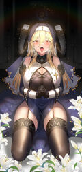  alma_(artery_gear) artery_gear artery_gear:_fusion bare_shoulders black_gloves black_thighhighs blonde_hair blush breasts breath burnt_clothes church cleavage cleavage_cutout clothing_cutout collar commentary_request cross cross_earrings detached_sleeves earrings female fine_fabric_emphasis flower garter_straps gloves habit hair_between_eyes heavy_breathing highres horns huge_breasts indoors interlocked_fingers jewelry kneeling li_zhiheng lily_(flower) long_hair nun open_mouth own_hands_clasped own_hands_together pelvic_curtain red_eyes saliva saliva_trail sidelocks skindentation solo teeth thick_thighs thighhighs thighs tongue tongue_out 