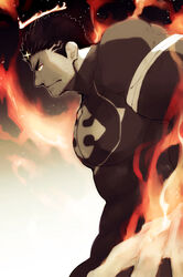  1boy bad_id bad_pixiv_id bara bodysuit covered_abs facial_hair fighting_stance fire flaming_halo flaming_hand foreshortening from_side frown glowing glowing_eyes halo large_pectorals male_focus mature_male muscular muscular_male pectorals po_fu serious short_hair sideburns skin_tight solo stubble tokyo_afterschool_summoners zabaniyya_(housamo) 