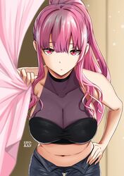  artist_name bad_id bad_pixiv_id breasts cleavage commentary female hand_on_own_hip highres hololive hololive_english large_breasts leaning_forward long_hair midriff mori_calliope mori_calliope_(streetwear) navel official_alternate_costume peanut_(shokan) pink_hair ponytail red_eyes virtual_youtuber 