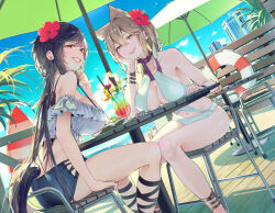  2girls ass bare_shoulders bench bikini black_bikini black_hair blonde_hair breasts chair cleavage cocktail day drinking_straw flower hair_between_eyes hair_flower hair_ornament horse_tail kurokoma_saki large_breasts long_hair looking_at_viewer medium_breasts midriff multiple_girls navel off-shoulder_shirt off_shoulder one-piece_swimsuit open_mouth outdoors pointy_hair red_eyes shirt short_hair sitting smile surfboard swimsuit syuri22 table tail touhou toyosatomimi_no_miko umbrella white_one-piece_swimsuit yellow_eyes 