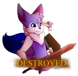  anthro black_knight_(dark_souls) bow_ribbon braixen bust_portrait canid canine chest_tuft dark_souls destroyed dipstick_tail femboy fennec_fox fox freeze-pop88 fromsoftware fur generation_6_pokemon male mammal markings melee_weapon nino_(character) nintendo pokemon pokemon_(species) portrait purple_body purple_fur shield solo sword tail tail_markings true_fox tuft weapon 