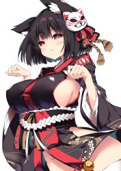  absurdres animal_ear_fluff animal_ears azur_lane bell black_hair black_kimono blush breasts cat_ears cat_mask clenched_hands commentary female floral_print highres japanese_clothes jingle_bell kimono large_breasts mask mask_on_head oerba_yun_fang open_mouth red_eyes sakurame short_hair short_kimono sideboob simple_background skin_fang solo thighhighs white_background white_thighhighs yamashiro_(azur_lane) 