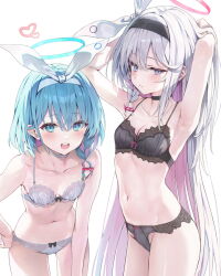  2girls armpits arms_up arona_(blue_archive) bare_arms bare_shoulders black_bra black_hairband black_panties blue_archive blue_eyes blue_hair blue_halo blush bow bow_bra bow_hairband bow_panties bra braid breasts choker colored_inner_hair hair_over_one_eye hairband halo heart highres huwari_(dnwls3010) lace-trimmed_bra lace-trimmed_panties lace_trim leaning_forward lingerie long_hair looking_at_viewer multicolored_hair multiple_girls navel open_mouth panties pink_hair plana_(blue_archive) red_halo simple_background single_braid small_breasts smile standing stomach underwear underwear_only very_long_hair white_background white_bra white_choker white_hair white_hairband white_panties 