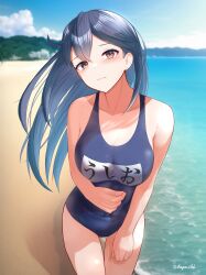  absurdres ahoge beach black_hair blue_one-piece_swimsuit blush breasts brown_eyes building cloud cloudy_sky collarbone cowboy_shot dangan_kurabu embarrassed female highres kantai_collection large_breasts long_hair looking_at_viewer name_tag nature ocean old_school_swimsuit one-piece_swimsuit sand school_swimsuit sky solo swimsuit ushio_(kancolle) water 