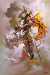  anthro athletic athletic_anthro athletic_male chinese_text cloud digital_media_(artwork) digital_painting_(artwork) fuckorange gourd_bottle grin journey_to_the_west male pole riding riding_cloud signature smile solo sun_wukong text vein veiny_arms veiny_muscles 