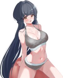  :o absurdres ball black_hair breasts cleavage commentary exercise_ball female grey_panties grey_sports_bra highres idolmaster idolmaster_million_live! kitakami_reika large_breasts long_hair looking_at_viewer miyao_1018 navel panties simple_background sitting solo sports_bra stomach sweat twintails underwear very_long_hair white_background 