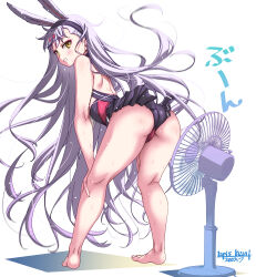  absurdres animal_ears ass azur_lane bikini bikini_over_clothes black_hairband center-flap_bangs female full_body hairband hands_on_own_knees highres hikimayu long_hair panties rabbit_ears rabbit_girl red_bikini red_panties shimakaze_(azur_lane) standing sweat swimsuit swimsuit_over_clothes umyonge_(lkakeu) underwear very_long_hair white_background white_hair yellow_eyes 