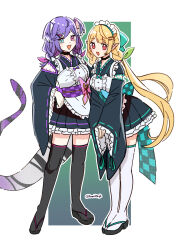  2girls :d apron black_thighhighs blonde_hair blue_eyes braid center_frills commentary english_commentary frilled_apron frilled_skirt frills full_body hair_ornament hairclip hakamii head_wings heterochromia leaning_forward long_hair long_sleeves looking_at_viewer low_twintails maid maid_headdress multiple_girls nijisanji nijisanji_en obi oerba_yun_fang open_mouth pleated_skirt pointy_ears pomu_rainpuff purple_hair red_eyes sandals sash selen_tatsuki skin_fang skirt slit_pupils smile tail thighhighs twin_braids twintails twitter_username v_arms very_long_hair virtual_youtuber wa_maid white_thighhighs wide_sleeves wings zettai_ryouiki zouri 