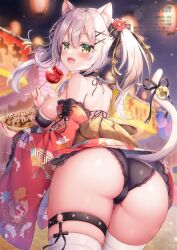  animal_ears ass bare_shoulders black_bra black_panties blush bra breasts candy_apple female food green_eyes hair_ornament japanese_clothes kimono lace-trimmed_panties lace_trim long_sleeves looking_back mitsuba_choco original panties twintails underwear yukata 