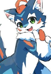  2024 ambiguous_species blue_body blue_fur blue_markings blue_tail blush blush_lines countershading cute_fangs digital_media_(artwork) fumochi_n fur gesture glistening glistening_eyes green_eyes hair half-length_portrait hand_gesture hi_res kemono lion_(fw_rion) looking_at_viewer mammal markings multicolored_body multicolored_tail neck_tuft open_mouth open_smile orange_body orange_fur orange_hair orange_markings orange_tail portrait production_taiikukan side_view simple_background smile tail tuft v_sign white_background white_body white_countershading white_fur 