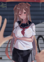  absurdres alternate_costume black_sailor_collar black_skirt breasts brown_hair female hair_between_eyes hair_flaps heterochromia highres kantai_collection lanthan large_breasts light_brown_hair miniskirt murasame_(kancolle) murasame_kai_ni_(kancolle) neckerchief pleated_skirt red_eyes red_neckerchief sailor_collar school_uniform serafuku shirt short_sleeves skirt solo_focus two_side_up wet wet_clothes wet_shirt 