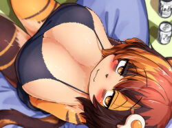  animal_nose bags_under_eyes blurry blurry_background blush body_fur breasts brown_fur brown_hair brown_tail can cleavage closed_mouth commentary_request drink_can egg_hair_ornament female food-themed_hair_ornament from_above hair_between_eyes hair_ornament highres huge_breasts jitome kagarimachi_konatsu looking_at_viewer looking_up multicolored_fur nekotsuki_kohime_(kagarimachi_konatsu) original shadow sitting solo striped_fur thick_thighs thighs yellow_eyes yellow_fur yellow_tail 