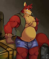  2018 anthro arctic_wolf belly biceps big_belly big_muscles big_pecs blue_eyes bottomwear brown_clothing brown_gloves brown_handwear canid canine canis chest_tuft clothed clothing confident confident_male cutoffs deltoids denim denim_bottomwear denim_clothing forearm_muscles forearms fur gloves green_clothing green_topwear green_vest guntiver_the_arctic_wolf handwear hi_res hotpants leaning leaning_on_table looking_at_viewer lucusold male mammal multicolored_body multicolored_fur musclegut muscular muscular_male muscular_thighs navel open_clothing open_topwear open_vest pecs pinup pose quads red_body red_fur red_tail sexy_eyes shorts smile solo stocky tail tan_body tan_fur thick_arms thick_thighs tight_vest topwear tuft two_tone_body two_tone_fur vest wolf 