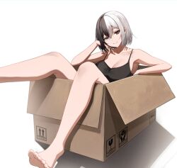  absurdres bare_shoulders barefoot black_eyes black_hair box breasts bright_pupils camisole cardboard_box cleavage female grey_eyes heterochromia highres kakuma looking_at_viewer multicolored_hair original short_hair simple_background solo spaghetti_strap split-color_hair white_background white_hair 