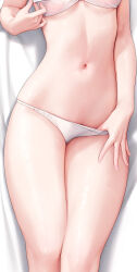  bra breasts close-up female from_above hand_in_own_panties hand_in_panties head_out_of_frame highres hip_bones lower_body lying mignon navel navel_focus on_back original panties shiny_skin solo stomach sweat thighs underwear underwear_only white_bra white_panties 