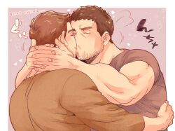  2boys bara black_hair black_shirt blush brown_hair chris_redfield closed_eyes couple english_text gold_5610 green_shirt highres kissing large_pectorals male_focus multiple_boys muscular muscular_male pectorals piers_nivans resident_evil resident_evil_6 shirt short_hair translation_request yaoi 