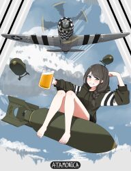  aerial_bomb aircraft airplane alcohol arm_up artist_name atamonica barefoot beer beer_mug black_hair black_hoodie black_shorts blue_sky blush bomb braid cloud commentary cup english_commentary explosive feet female grey_eyes grin hand_on_own_head hand_up highres holding holding_cup hood hood_down hoodie invasion_stripes long_hair long_sleeves military_vehicle mug original outstretched_arm p-47_thunderbolt personification propeller puffy_long_sleeves puffy_sleeves shorts side_braid sitting sky smile solo united_states_air_force vehicle_and_personification vehicle_focus world_war_ii 