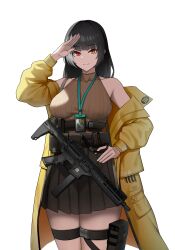  absurdres assault_rifle black_hair black_skirt breasts cero_(last2stage) female girls&#039;_frontline gun heterochromia highres holster id_card jacket large_breasts long_hair looking_at_viewer multicolored_hair pleated_skirt red_eyes rifle ro635_(girls&#039;_frontline) salute simple_background skirt sleeveless sleeveless_sweater smile solo streaked_hair sweater thigh_holster thigh_strap thighs weapon white_hair yellow_eyes yellow_jacket 