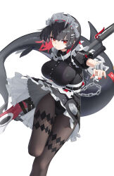  absurdres black_dress black_hair breasts colored_inner_hair dress ellen_joe female fins fish_tail freeeeeeeeeee highres looking_at_viewer maid maid_headdress mole mole_under_eye multicolored_hair pantyhose puffy_short_sleeves puffy_sleeves red_eyes red_hair red_nails shark_tail short_hair short_sleeves solo tail white_background zenless_zone_zero 