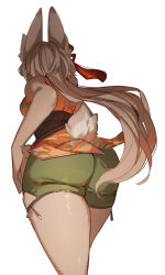  2024 absurd_res anthro ass big_butt biped bottomwear brown_body brown_ears brown_fur brown_hair brown_inner_ear_fluff brown_tail clothed clothing colored ear_bow female female_anthro fully_clothed fur green_bottomwear green_clothing green_shorts hair hi_res inner_ear_fluff kawarage_yatano kemono lagomorph leporid long_ears long_hair low-angle_view mammal monotone_body monotone_fur monotone_hair orange_clothing orange_shirt orange_topwear ponytail portrait rabbit rear_view scut_tail shaded shirt short_tail shorts simple_background solo standing tail three-quarter_portrait topwear tuft white_background yuexuan_(kawarage_yatano) 