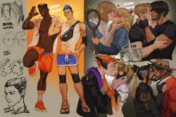  4girls 6+boys abs bara bare_pectorals beard carlos_oliveira cassidy_(overwatch) character_request closed_eyes collage copyright_request crossover dark-skinned_male dark_skin doodle_inset dungeon_meshi elf facial_hair falin_touden falin_touden_(tallman) full_beard hanzo_(overwatch) heart highres lgbt_pride looking_at_viewer marcille_donato mature_male meme multiple_boys multiple_girls muppet_mouth_characters_making_out_(meme) muscular muscular_male navel nipples overwatch pectorals pointy_ears pride_month profile resident_evil seansketches staff standing stomach very_dark_skin yaoi yuri 