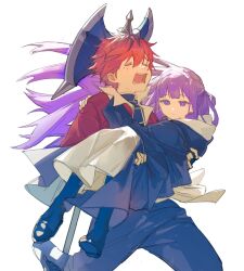  1boy axe battle_axe black_coat black_robe blunt_bangs carrying closed_eyes closed_mouth coat crying dress female fern_(sousou_no_frieren) hand_on_another&#039;s_shoulder highres holding horns jacket kurattes long_hair long_sleeves open_mouth pants princess_carry purple_eyes purple_hair red_coat red_hair robe short_hair simple_background sitting sousou_no_frieren stark_(sousou_no_frieren) weapon white_background 