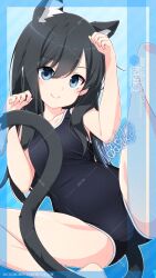  animal_ear_fluff animal_ears artist_name asashio_(kancolle) ass_visible_through_thighs black_hair black_one-piece_swimsuit blue_background blue_eyes blush cat_ears cat_girl cat_tail character_name collarbone covered_navel extra_ears female gradient_background highres inaba_shiki kantai_collection long_hair looking_at_viewer lying new_school_swimsuit one-piece_swimsuit paw_pose school_swimsuit smile solo swimsuit tail watermark_grid 