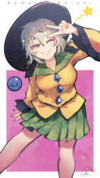  black_hat blouse blush bow breasts buttons carte diamond_button eyeball female frilled_shirt_collar frilled_sleeves frills green_eyes green_hair green_skirt hat hat_bow hat_ribbon heart heart_of_string komeiji_koishi large_breasts long_sleeves looking_at_viewer one_eye_closed ribbon shirt short_hair skirt smile solo third_eye touhou v wide_sleeves yellow_bow yellow_ribbon yellow_shirt 