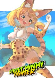  absurdres animal_ears belt blonde_hair blue_sky blush bow bowtie cat_ears cat_girl cat_tail elbow_gloves extra_ears female gloves highres kemono_friends osnmykk outdoors panties serval_(kemono_friends) serval_print short_hair skirt sky sleeves_past_wrists solo tail thighhighs underwear yellow_eyes 