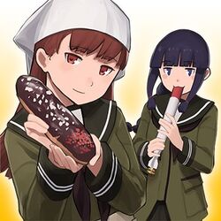  2girls bad_id bad_link bad_twitter_id black_eyes black_hair braid brown_eyes brown_hair commentary_request eclair_(food) kantai_collection kitakami_(kancolle) kitakami_kai_(kancolle) long_hair looking_at_viewer lowres multiple_girls official_art ooi_(kancolle) ooi_kai_(kancolle) school_uniform serafuku shibafu_(glock23) torpedo 