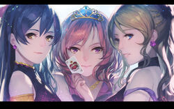  3girls ayase_eli bad_id bad_pixiv_id blonde_hair blue_eyes blue_hair blush brown_eyes card dress earrings ekao hair_ornament highres jewelry letterboxed long_hair looking_at_viewer love_live! love_live!_school_idol_project multiple_girls nishikino_maki open_mouth photoshop_(medium) playing_card portrait purple_eyes short_hair sleeveless smile soldier_game sonoda_umi tiara 