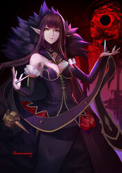  absurdres bare_shoulders black_dress breasts character_name cleavage commentary_request cowboy_shot detached_sleeves dress fate/grand_order fate_(series) female fur_collar highres long_dress long_hair looking_at_viewer medium_breasts photoshop_(medium) pointy_ears purple_hair semiramis_(fate) smile standing w_arms yellow_eyes yun_lin 