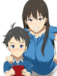  1boy age_difference aoyama-kun_(penguin_highway) black_hair blue_eyes breasts brown_eyes brown_hair commentary_request female grin hand_on_another&#039;s_shoulder highres jewelry kloah large_breasts long_hair looking_at_viewer necklace onee-san_(penguin_highway) penguin_highway short_hair simple_background smile white_background 